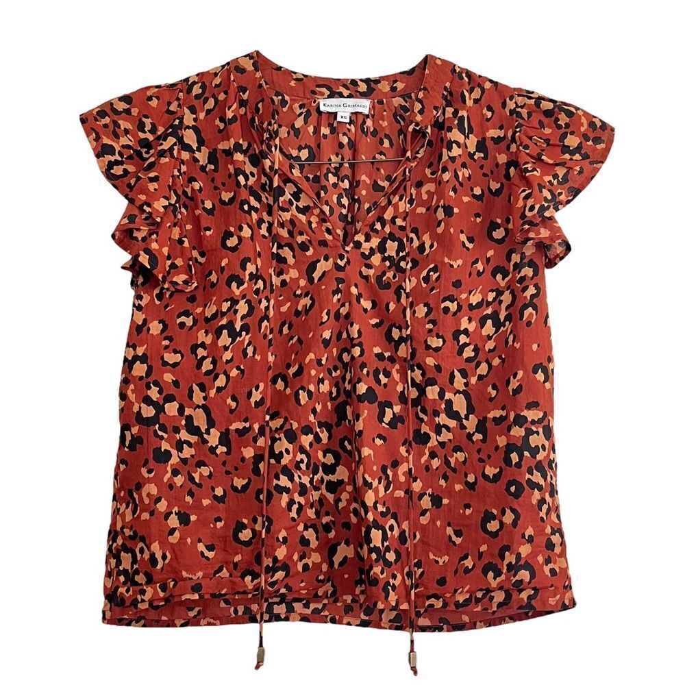 Karina Grimaldi Ruffle Leopard Print Top Lightweight Cotton Cheetah Animal XS